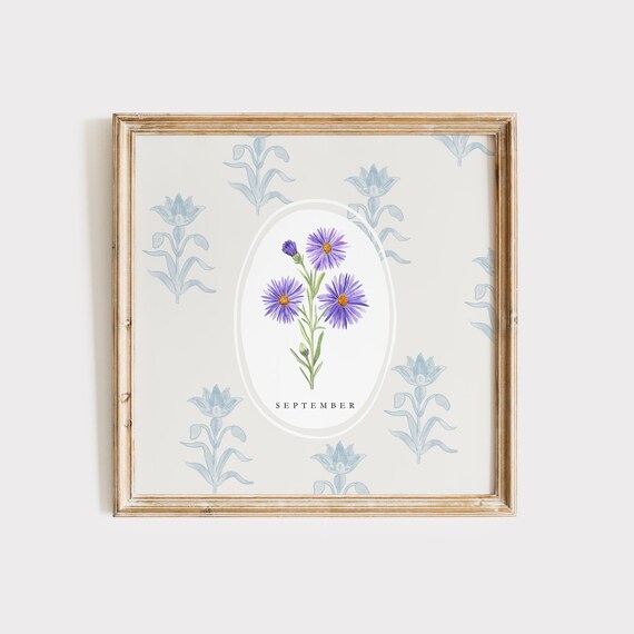 September Aster Birth Month Flower Watercolor Botanical Poster