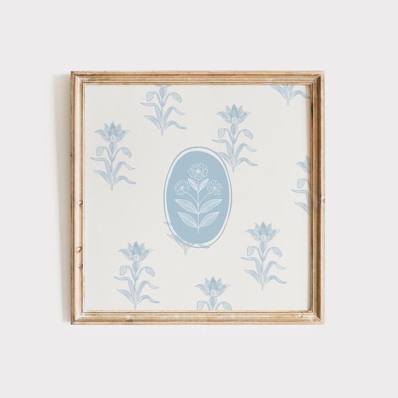 Light Blue Floral Pattern with Oval Botanical Medallion Poster