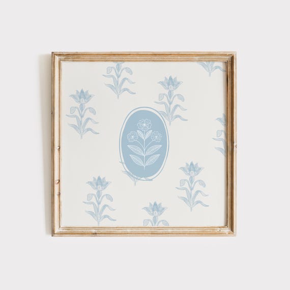 Vintage Blue Floral Print Wall Art Trendy Decor Botanical Illustration Living Room Art Cottage Nursery Decor