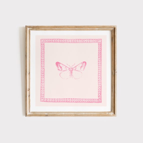 Vintage Pink Minimal Butterfly Square Print Wall Art Kitchen Living Room Art Blue Thin Line Print