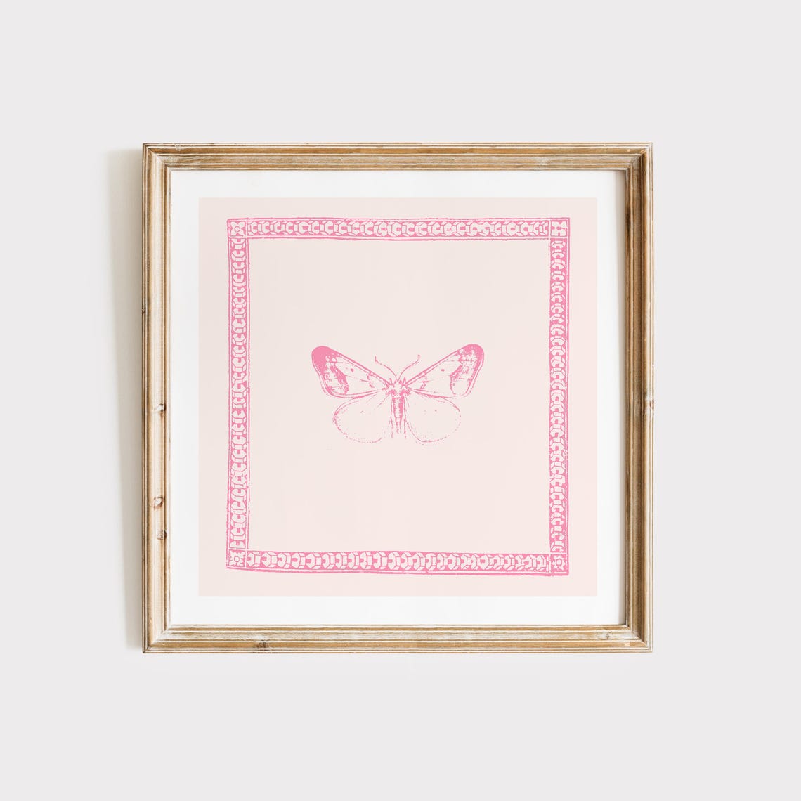 Pink Thin Line Butterfly Illustration with Ornate Border Square Poster