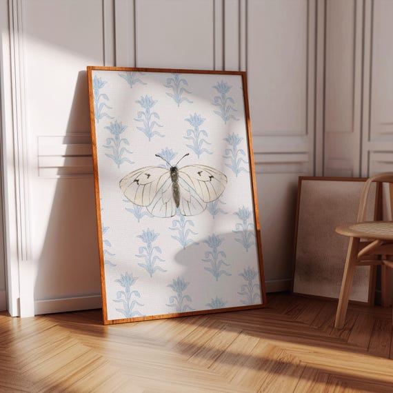 Blue Watercolor Butterfly Vertical Art Print Print Wall Art Trendy Decor Vintage Painting English Garden Floral Cottage