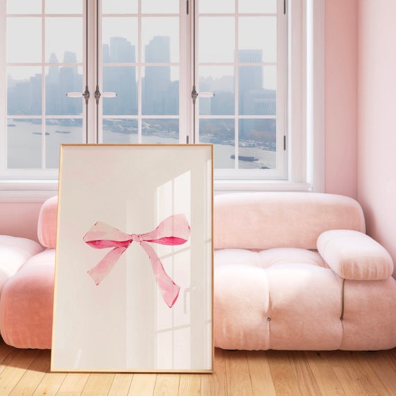 Girlie Minimalist Pink Hair Bow Illustration Wall Art Trendy Decor Instant Kitchen Wall Art Nursery