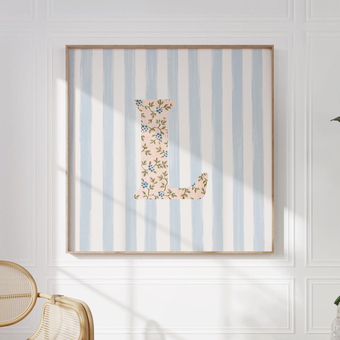 Floral Chintz Letter L Monogram Initial Blue Striped Wall Poster