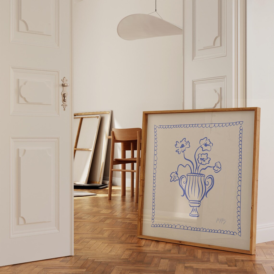 Cobalt Blue Line Poppies Urn Vase Scalloped Border Sketch Wall Poster - Image 4