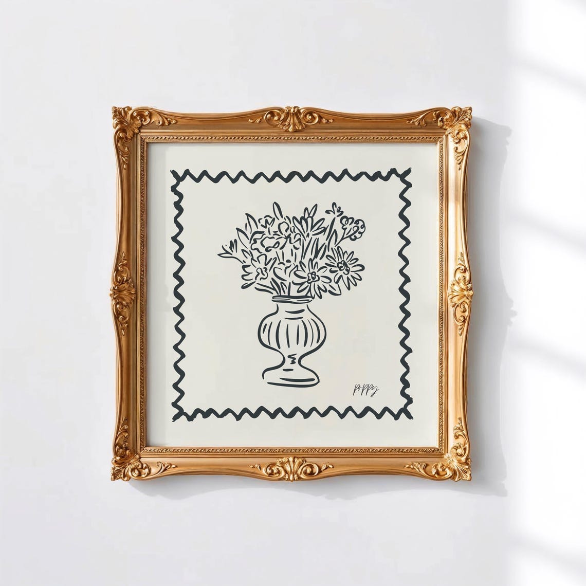 Black Line Wildflower Bouquet Vase Zigzag Border Cream Art Poster - Image 3