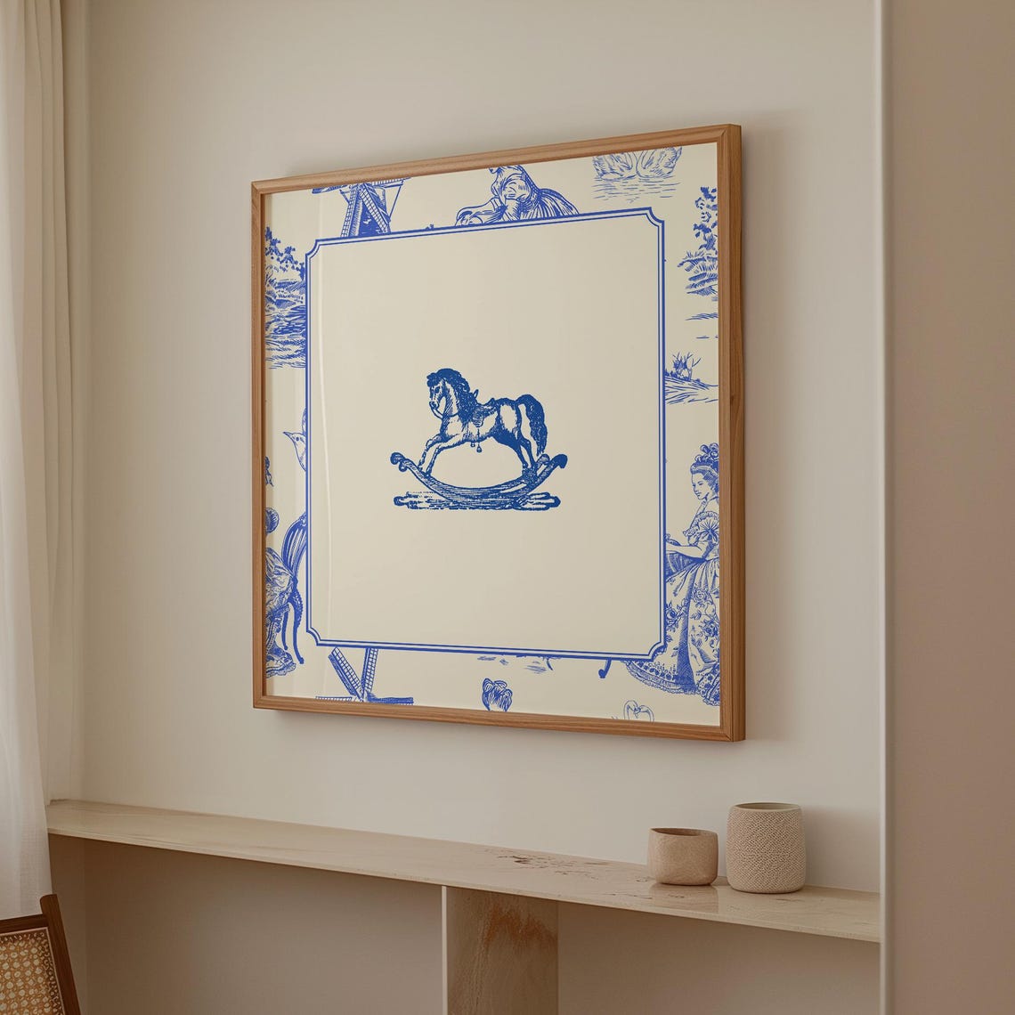 Blue Toile Border Vintage Rocking Horse Engraving Nursery Poster - Image 3