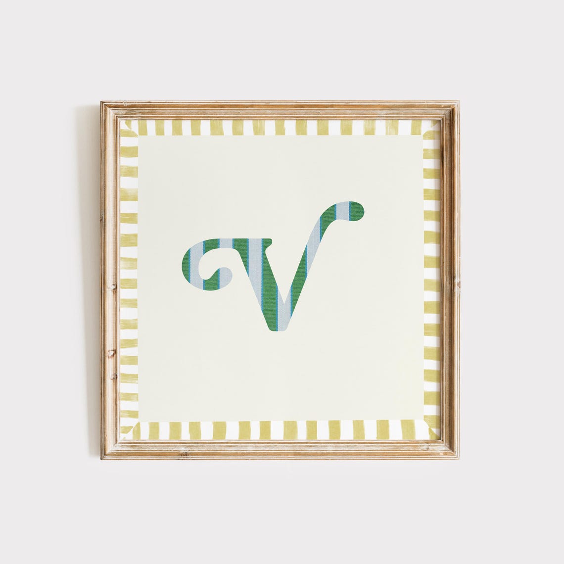 Swash Letter V Green Blue Striped Monogram Cream Framed Art Print
