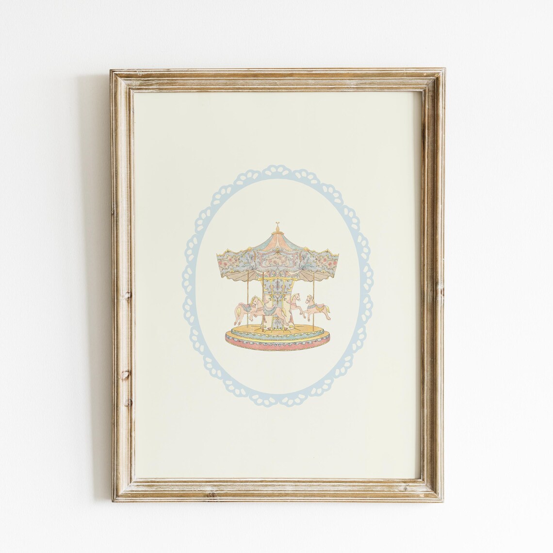 Vintage Blue Carousel Pastel Horses Lace Oval Kids Nursery Art Poster