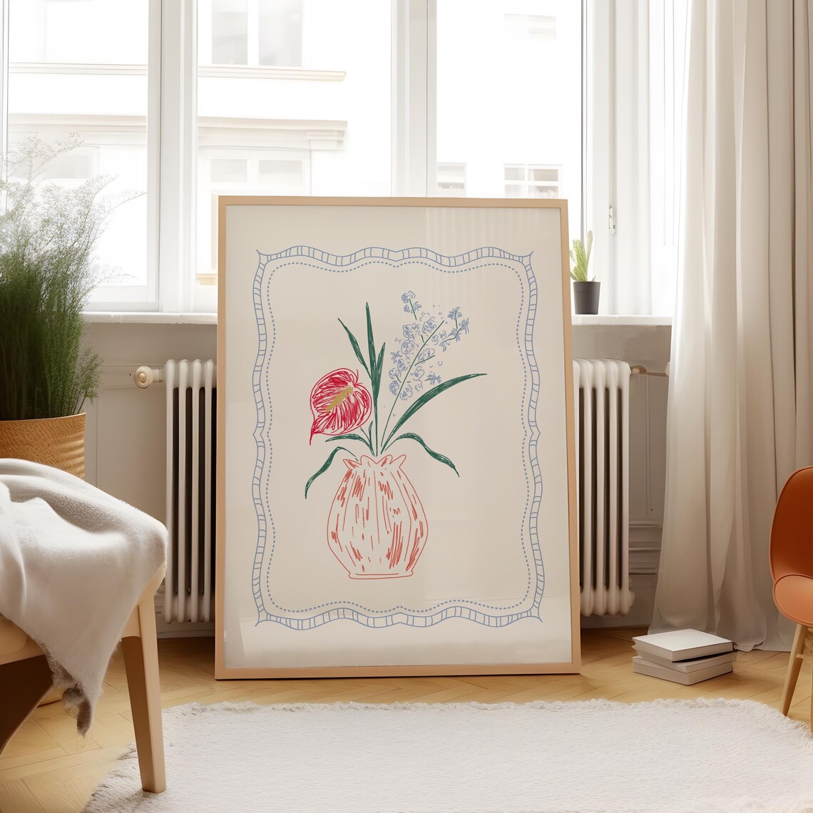 Red Anthurium Blue Blossom Bouquet Line Art Pink Vase Cottage Poster - Image 5