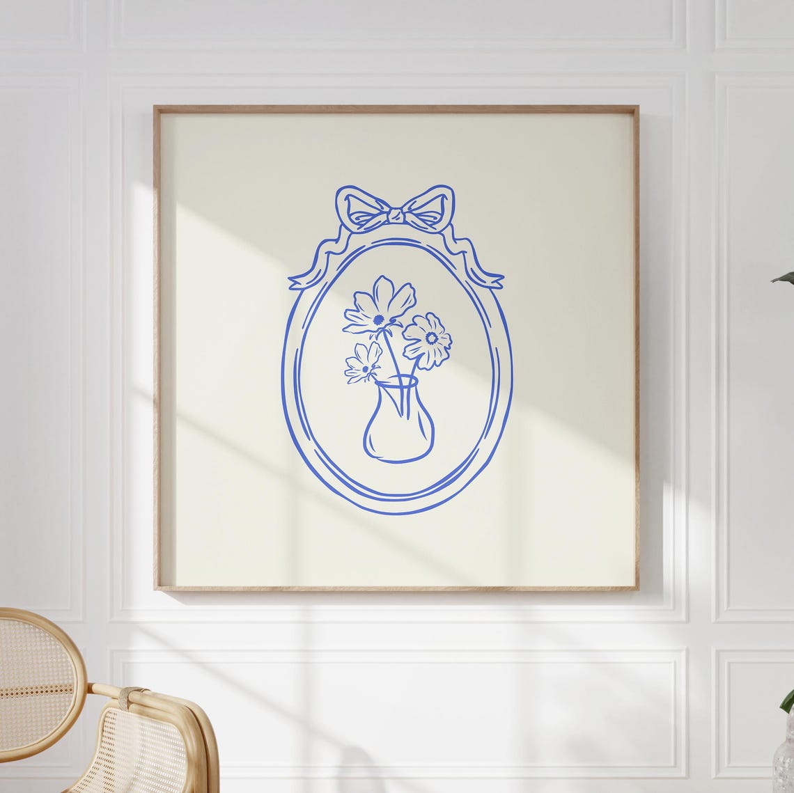 Blue Line Daisy Vase Bouquet Coquette Bow Oval Frame Art Print - Image 5