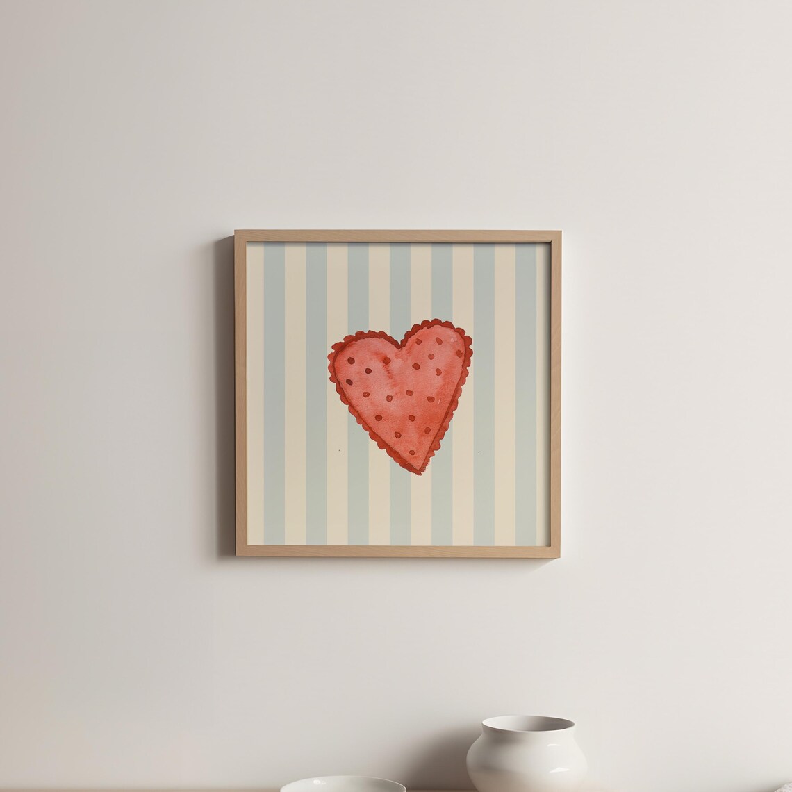 Red Polka Dot Watercolor Heart Blue Striped Valentine Wall Art Print - Image 5