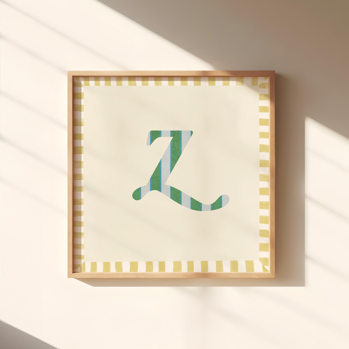 Swash Letter Z Green Blue Striped Monogram Cream Framed Art Print - Image 3