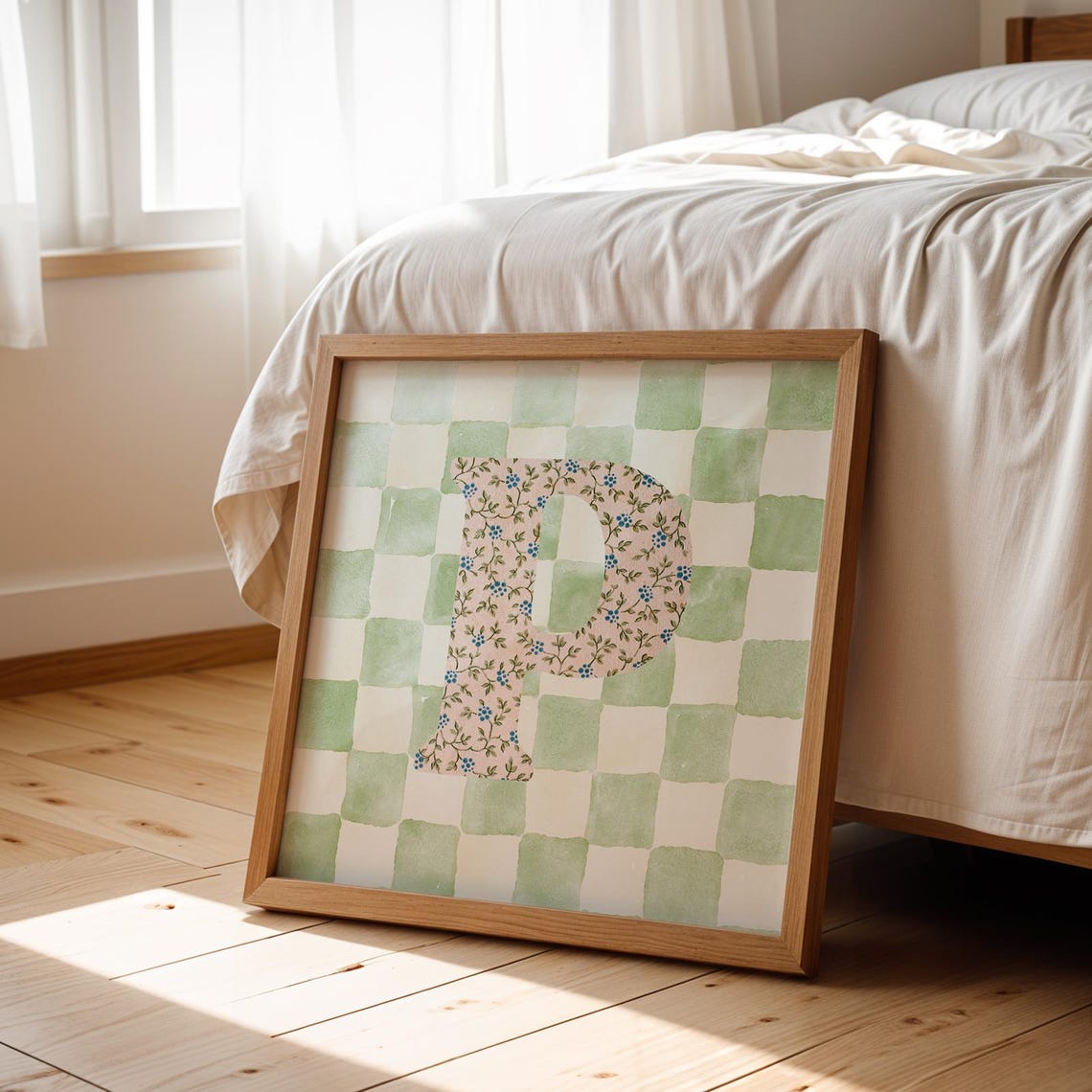 Floral Letter P Green Gingham Checkered Initial Nursery Wall Poster - Image 5