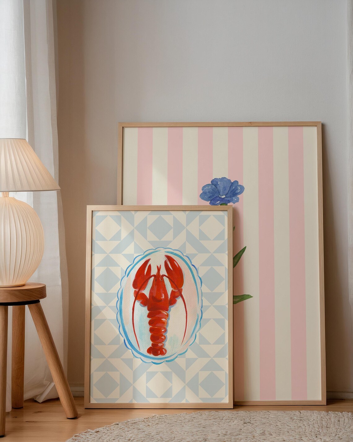Blue Quilted Lobster Dinner Illustration Print Wall Art Wall Art Coastal Decor Beach House - Image 4