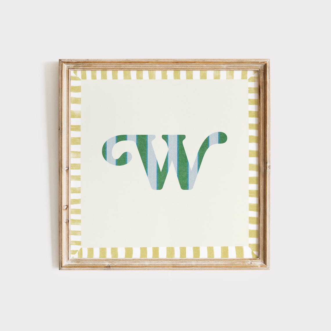 Swash Letter W Green Blue Striped Monogram Cream Framed Art Print