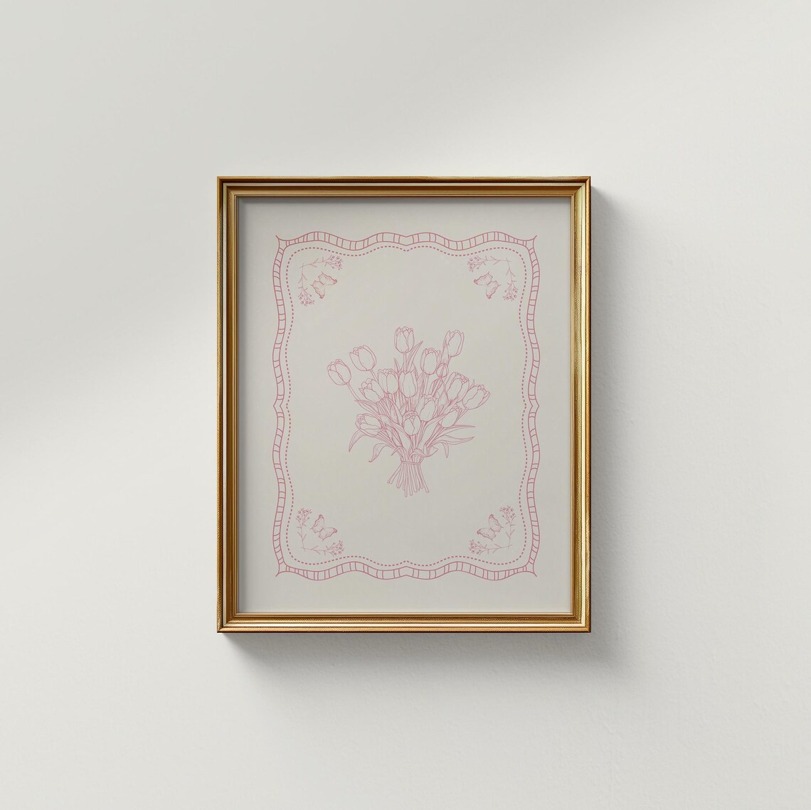 Blush Pink Tulip Bouquet Line Drawing Vintage Floral Border Poster - Image 2