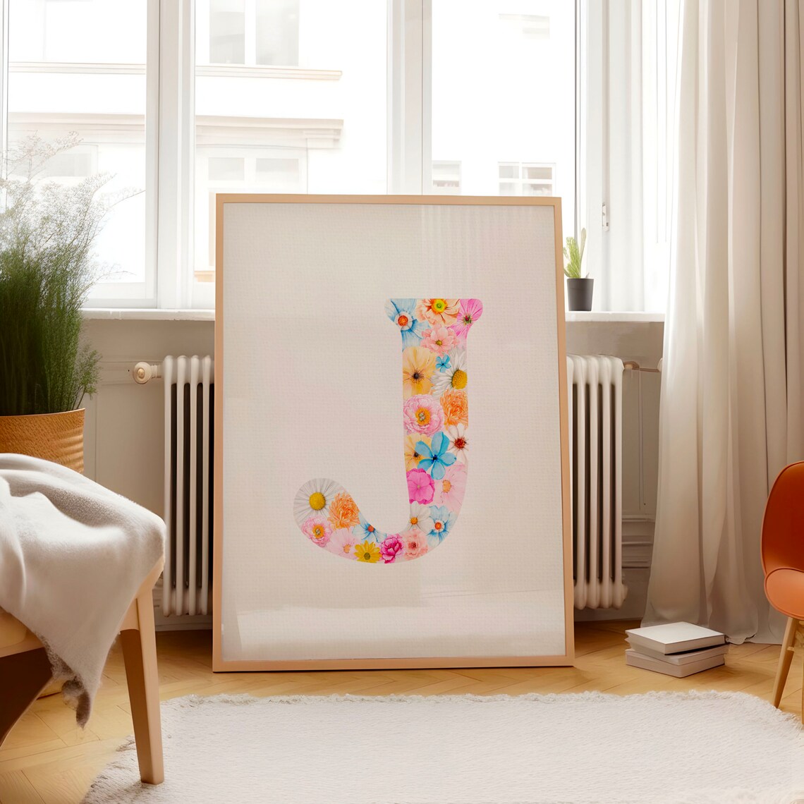 Floral Letter J Poster with Watercolor Wildflowers on Clean White