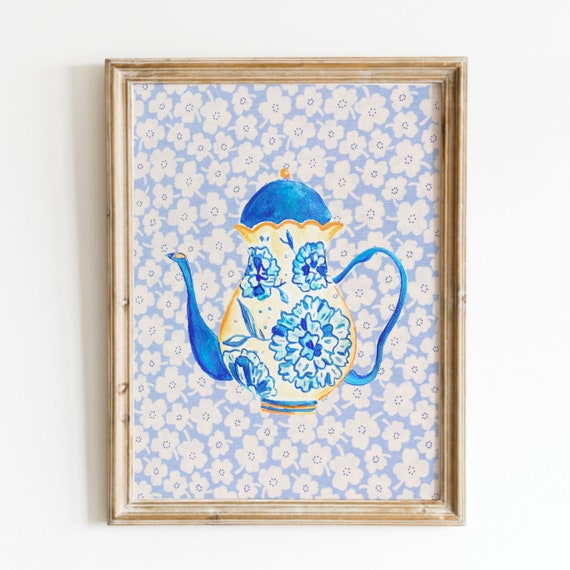 Grandmas Teapot Print Wall Art Trendy Decor Abstract Vintage Painting English Garden