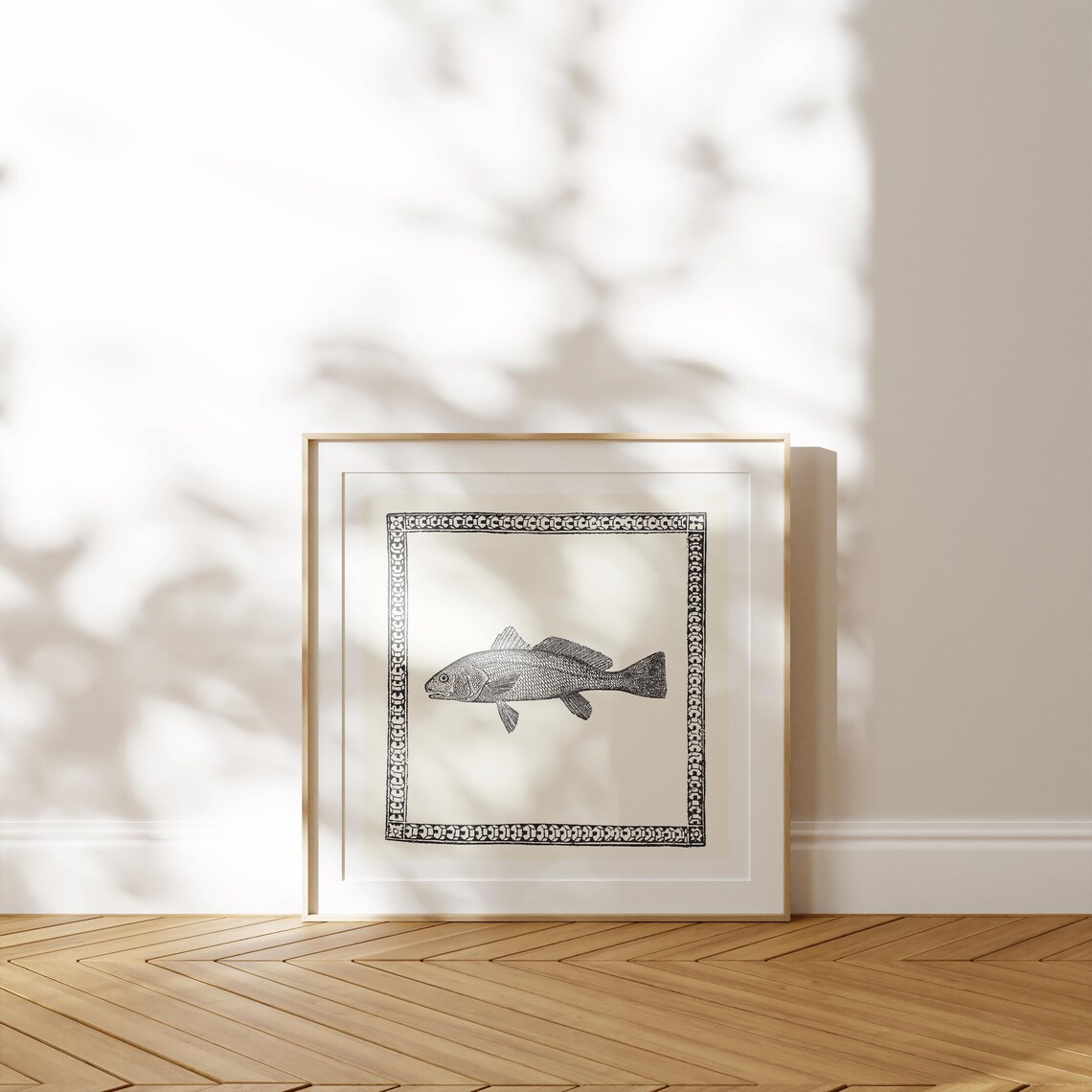 Black White Engraved Fish Illustration Ornate Border Art Poster - Image 2