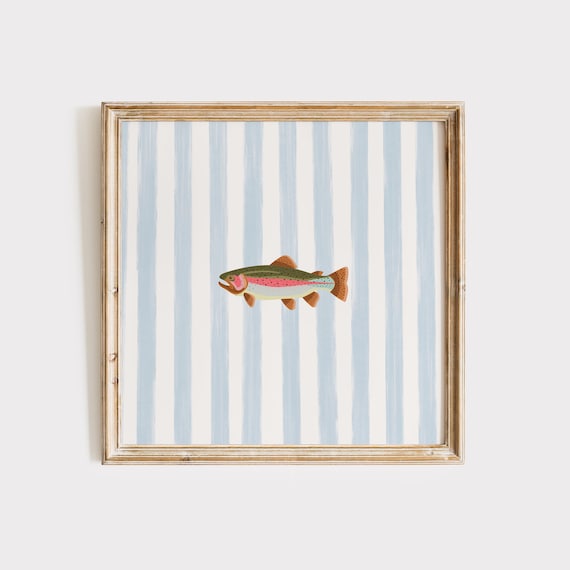 Rainbow Trout Blue Striped Background Square Fish Decor Poster