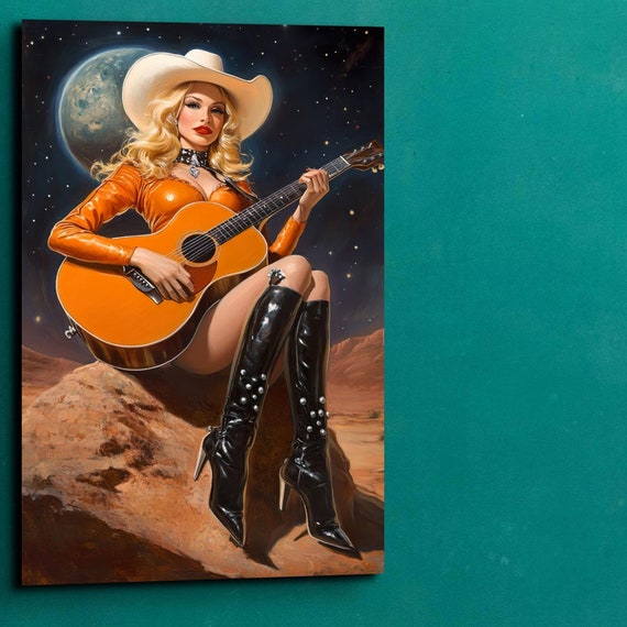The Galactic Guitar Cowgirl Ready To Hang Wall Art Print Cowboy Wall Art Cowgirl Art Space Art Vintage Art