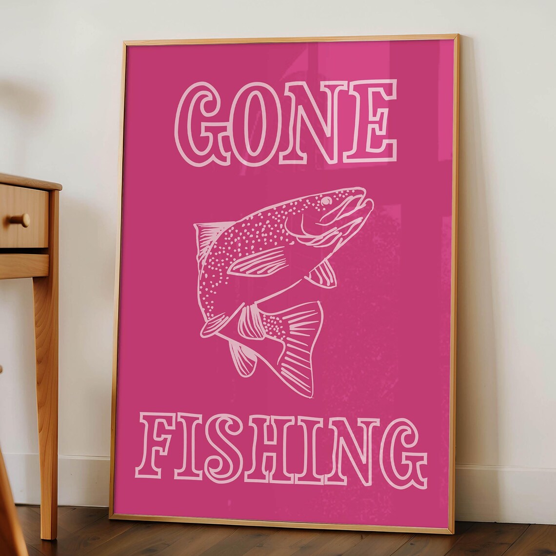 Vibrant Hot Pink Gone Fishing Trout Retro Typography Cabin Poster