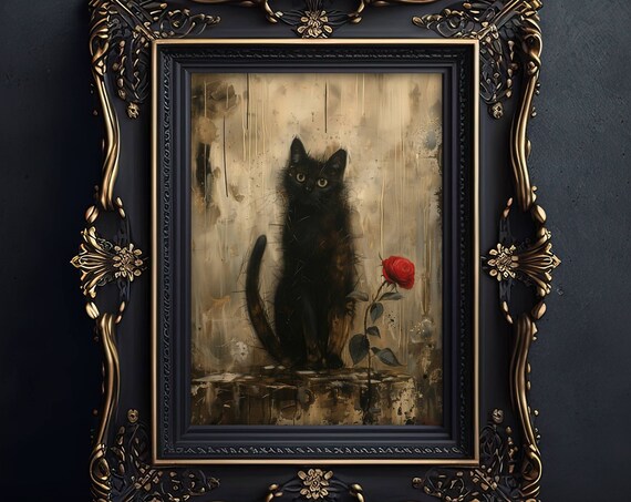 Black Cat Beside A Single Red Rose Dark Gothic Oil Style Poster