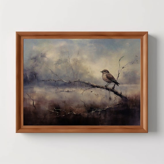 Vintage Bird Landscape Antique Oil Painting Moody Wall Art Rustic Room Decor Animal Dark