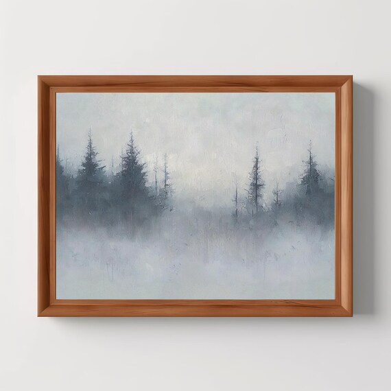 Misty Winter Pine Forest Abstract Landscape Oil Painting Print