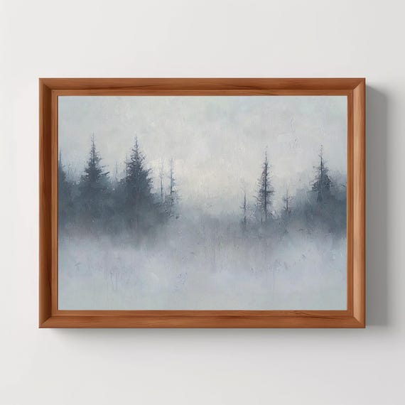 Winter Pine Forest Abstract Vintage Wall Art Christmas Painting Rustic Moody Landscape Muted Ethereal