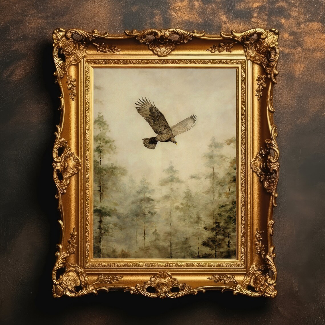 Eagle In Flight Wildlife Art Print, Rustic Misty Forest