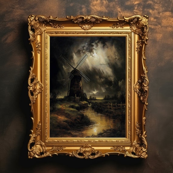 Windmill Dark Academia Farmhouse Decor Impressionist Countryside Art Vintage Antique Oil Painting