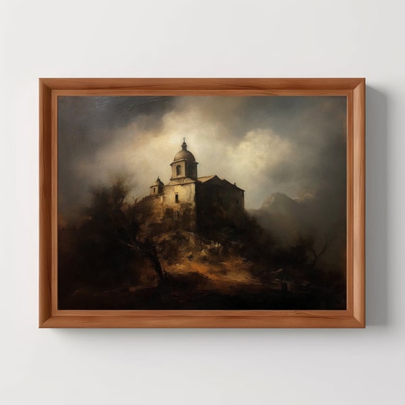 Church On Hill Antique Oil Painting Vintage Dark Academia Macabre Decor Nature Landscape
