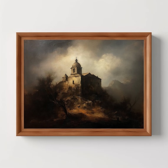 Country Church On Hill At Night Moody Oil Painting Wall Poster