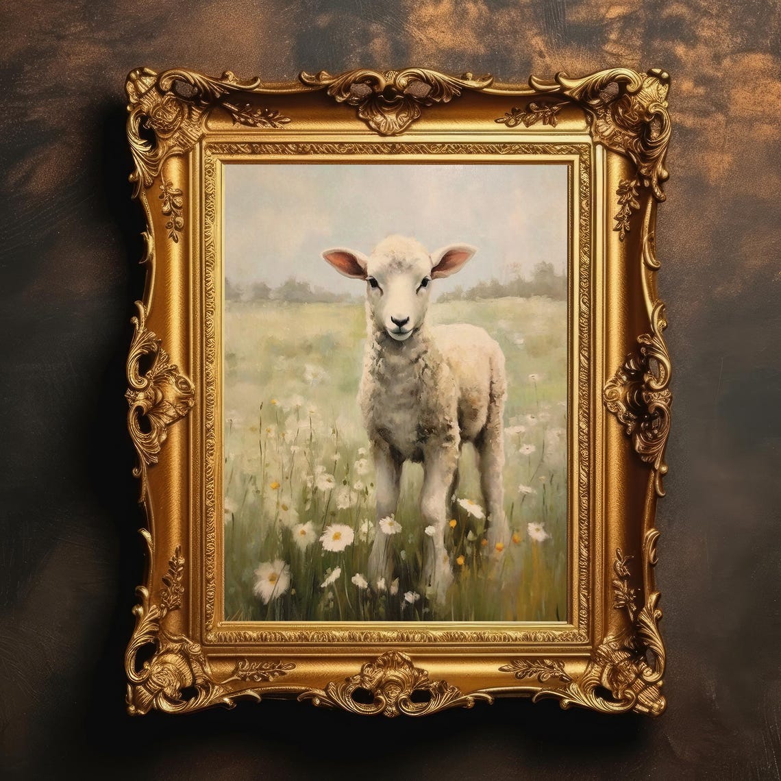 Spring Lamb in Daisy Field Pastel Vintage Oil Painting Poster