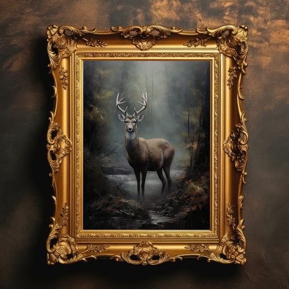 Deer Misty Forest Landscape Muted Antique Wall Art Vintage Print Farmhouse Decor Moody Oil Painting