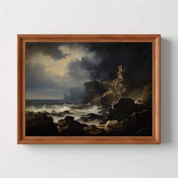 Castle On The Ocean Cliff Moody Coastal Print Vintage Seascape Oil Painting Rustic Waves