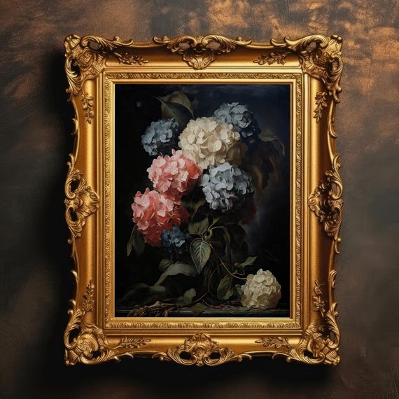 Classic Hydrangeas Still Life Dark Academia Vintage Flower Painting Floral Wall Art Botanical Home Decor