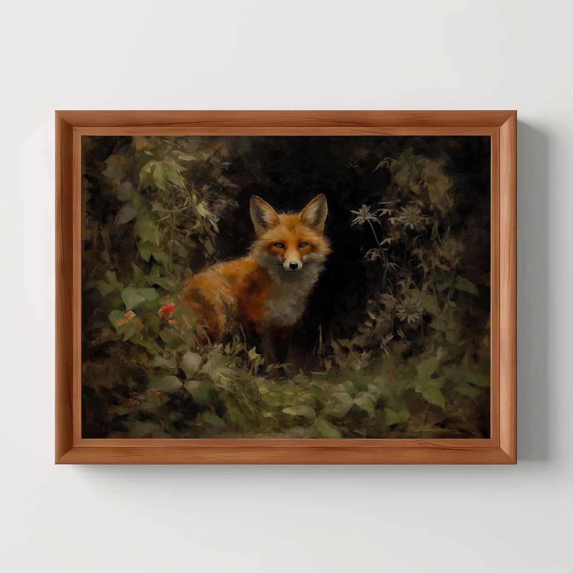 Red Fox in Dark Botanical Thicket Moody Vintage Oil Painting Poster