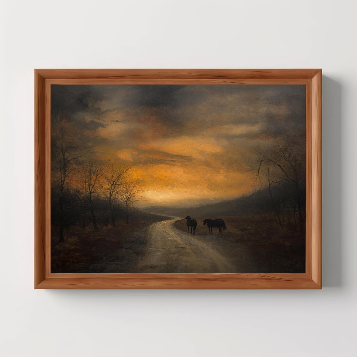 Two Horses On Dirt Road Under Fiery Sunset Moody Oil Painting Poster