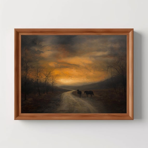 Horses On Road Sunset Moody Country Room Decor Gothic Wall Art Dark Academia Vintage Antique Oil Painting