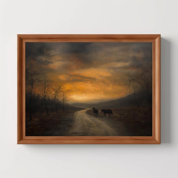 Two Horses On Dirt Road Under Fiery Sunset Moody Oil Painting Poster