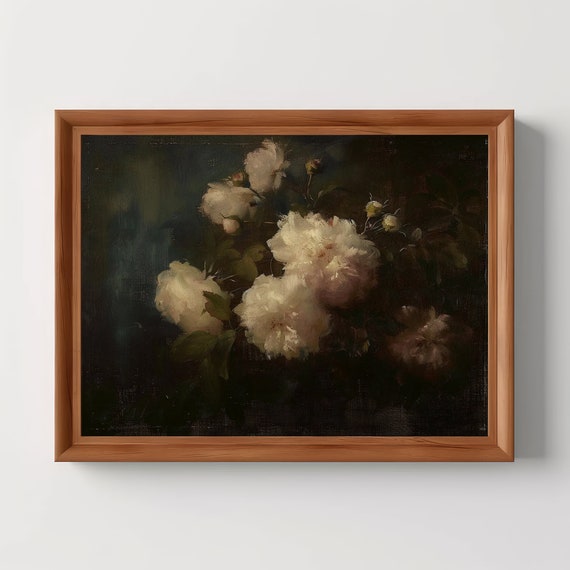 Moody Flower Painting Dark Botanical Print Antique Oil Vintage Floral Wall Art Farmhouse Decor