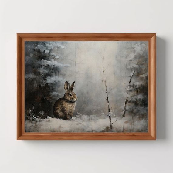 Bunny In Snowy Forest Moody Winter Rabbit Oil Painting Poster
