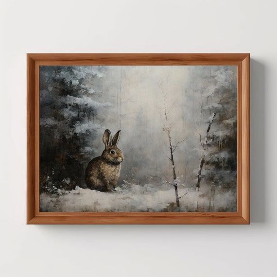 Bunny In The Snow Winter Forest Landscape Christmas Decor Animal Wall Art Moody Nursery Print