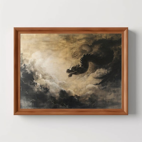 Two Dragons Clouds Landscape Chinese Wall Painting Scroll Art Moody Home Decor Vintage