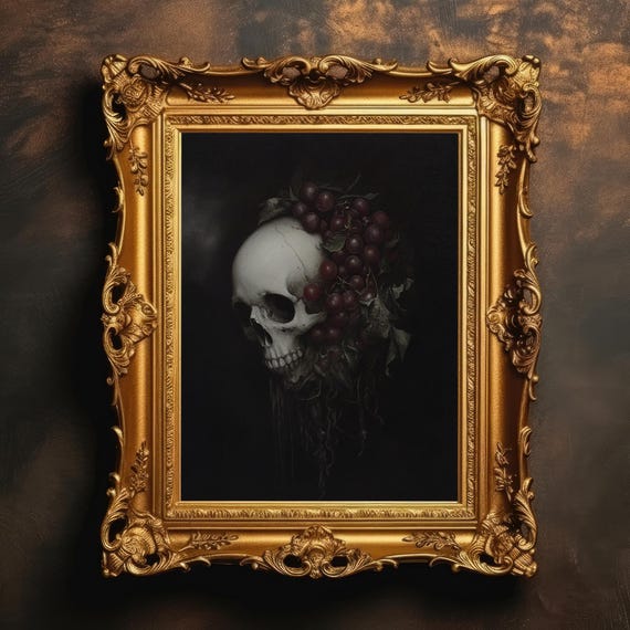 Dark Gothic Skull Painting Vanitas Still Life Academia Memento Mori Wall Art Macabre Decor