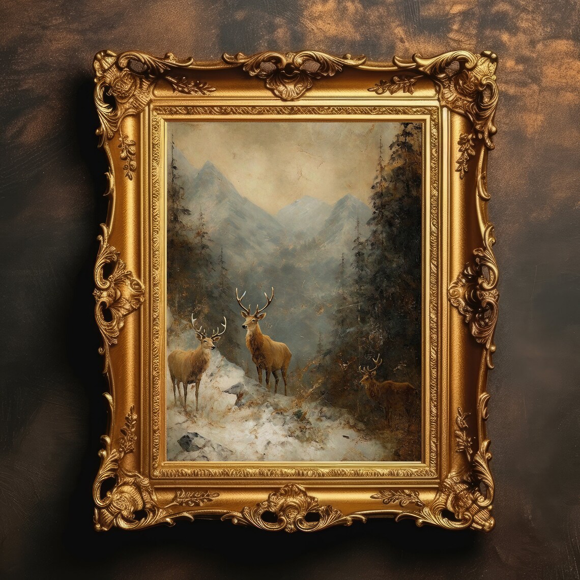 Rustic Deer Painting, Vintage Mountain Landscape Print