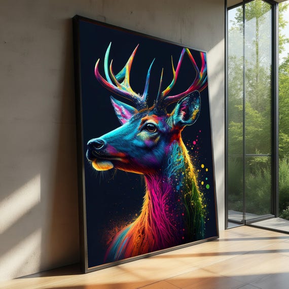 Vibrant Neon Deer Canvas Abstract Animal Wall Art Colorful Wildlife Decor Modern Nature Ready To Hang Artwork